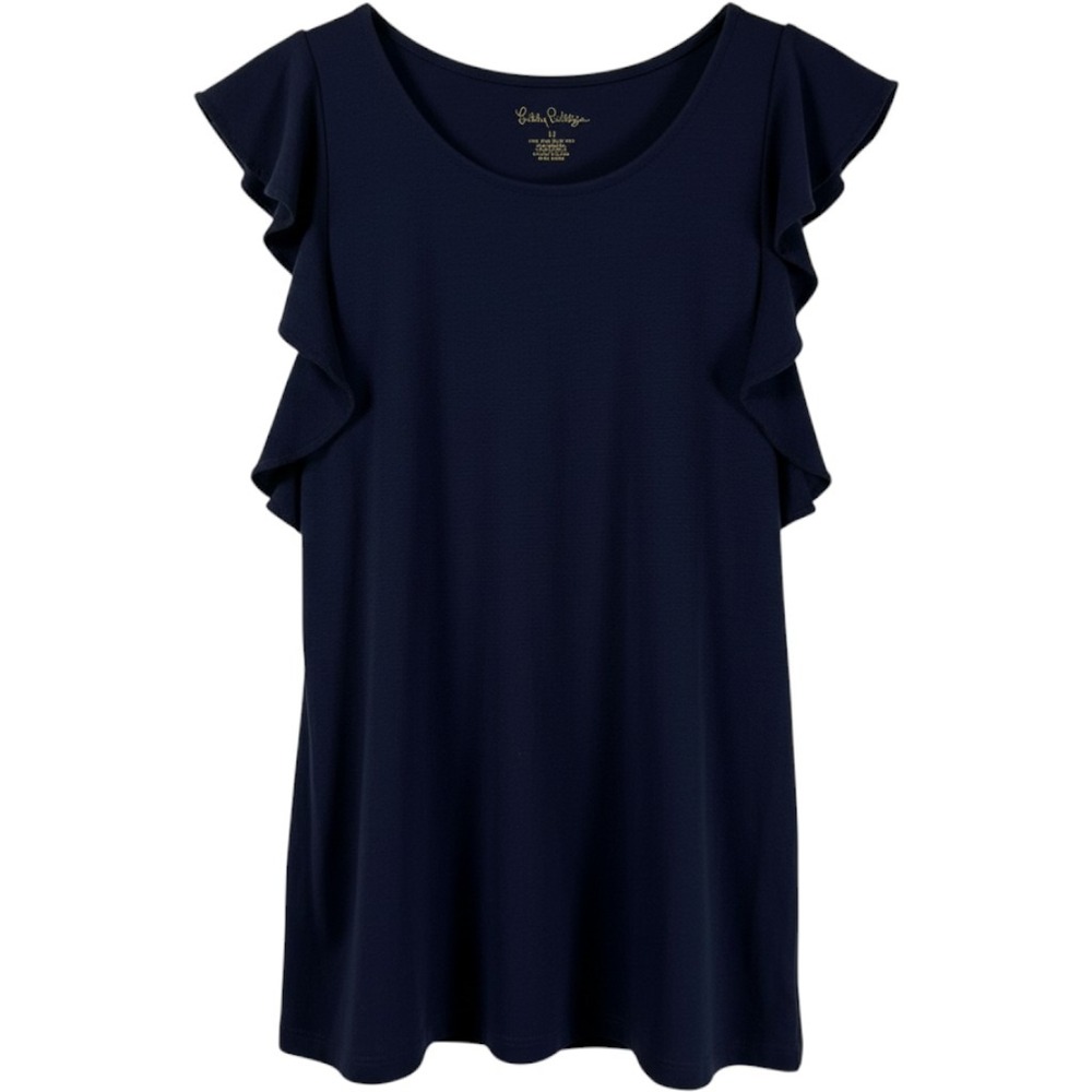 Lilly Pulitzer Ruffle Trim Pima Cotton Modal Top Knit Jersey Navy Blue Womens M
